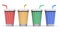 Set of color plastic or paper drink cups with straws