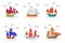 Set of color ships with sails in the sea for trip, tourism, travel agency, hotels, vacation card