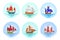 Set of color ships with sails in the sea for trip, tourism, travel agency, hotels, vacation card