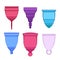 Set of color sketch various menstrual cups. Zero waste objects. Eco friendly womens health. Organic hygiene products. Vector