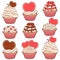 Set of color vector cupcakes with hearts.