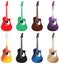 Set of colored acoustic guitars arranged in 2 rows