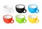Set of colored cups for soup, empty tureen for liquid food, ceramic dishes, kitchen utensils. Vector