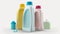 Set of colored detergent plastic bottles with chemical cleaning product on white background