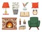 A set of colored doodles. Home furnishings, armchair, books, pillow, fireplace, vase, houseplant, alarm clock, candles. Decorative