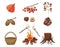 A set of colored doodles. Pinecone, bonfire, stump, mountain ash, berry, acorns, hazelnut. Forest, autumn decorative