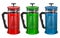 Set of colored French press coffee or tea maker, 3D rendering