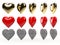 A set of colored gold red stone hearts in different settings