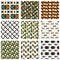 Set of colored grate seamless patterns with parallel lines, ribbons and geometric figures, transparent symmetric bright wavy tile