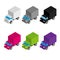 Set of colored and gray isometric 3d cargo trucks