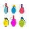 Set colored hand grenades. Fun colorful military ammunition.