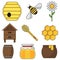 Set of colored honey icons on an isolated white background in a flat design. Such as a beehive, an apiary, a honey