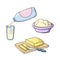 Set of colored icons, breakfast, porridge with butter, cottage cheese and milk, vector cartoon