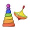 A set of colored icons, bright toys for young children, a spinning top and a pyramid, vector cartoon