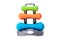 Set of colored isolated dumbbells for sport on a white background folded on a special gray stand