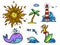 Set of colored lineart sticker elements. Boho style sun, surfer with board on wave, violet whale, doodle style