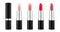 Set of colored lipsticks. Red, pink, orange, lipstick mockup. 3d realistic packaging. Decorative cosmetic for lip. Blank