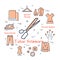 Set colored outline sewing icons, scissors and accessories for seamstress isolated on white, vector illustration.