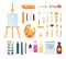 Set of colored painting tools vector icons in cartoon style. Supplies, art brushes and easel. Artist or school
