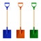 Set of colored plastic shovels snow shovel with wooden handles, vector illustration