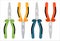 Set of Colored Pliers tool icon. Yellow, red, green, blue colored handles, thin metallic sponge pliers. Flat