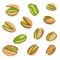 Set of colored realistic roasted pistachios nuts in separate on white background. Salty delicious organic food, nutshells. peeled