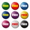 Set of colored round buttons with word `Free`