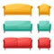 Set of colored sofas and armchairs. Collection of comfortable sofas and armchairs for interior design, vector illustration