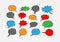 Set of colored speech bubbles. Red, green, blue, orange, dark grey stickers with black outline.