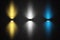 Set of colored spotlights on a transparent background. Bright lighting with spotlights. Spotlight white, blue, yellow.