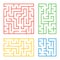 A set of colored square and rectangular labyrinths with entrance and exit. Simple flat vector illustration isolated on white