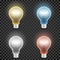 Set of colored transparent realistic glass light bulbs on dark checkered background
