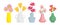 Set of colored vases with blooming flowers for decoration and interior. Vector