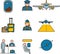 Set of colored vector icons aviation. Pilot, airplane, luggage, cabin crew, passengers .Flat Illustration. Safe flight.