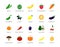 Set of colored vegetable and fruit icons with titles. Carrot, tomato, pepper, eggplant, apple, cucumber, cabbage