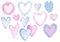 Set of colored watercolor hearts. Hand-drawn collection of Pink and blue hearts. Valentine's day decoration