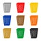 Set of colorful 3D icons on the waste bins. Multicolored collection containers for separated waste. Recycling dumpster on a white