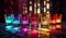set of colorful alcohol drinks in glasses at bar counter in night club