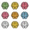 Set colorful brain icons representing different cognitive creative processes. Nine different brain