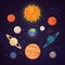 Set of colorful bright planets. Solar system, space with stars. Cute cartoon vector illustration.