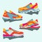 Set of colorful bright yellow pink blue orange sneakers. Vector flat illustration. Simple illustration of fitness and sport, gym s