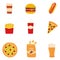 Set of colorful cartoon fast food. Hamburger, burger, fries, pizza, coffee, beer