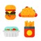 Set of colorful cartoon fast food icons isolated restaurant tasty american cheeseburger meat and unhealthy burger meal