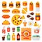 Set of colorful cartoon fast food icons restaurant tasty american cheeseburger meat and unhealthy burger meal