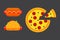 Set of colorful cartoon fast food pizza icons restaurant tasty american cheeseburger meat and unhealthy burger