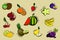 Set of colorful cartoon fruit icons.