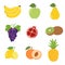 Set of colorful cartoon fruit icons apple, pear, peach, banana, grapes, kiwi, lemon, pomegranate, pineapple.