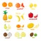 Set of colorful cartoon fruit icons pear, orange, banana, pineapple, kiwi, lemon, lime. Vector illustration, isolated on