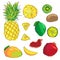 Set of colorful cartoon fruit icons: pineapple, kiwi, lemon, mango, garnet, lime.