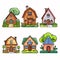 Set colorful cartoon houses surrounded greenery, unique architecture roof design. Charming wooden